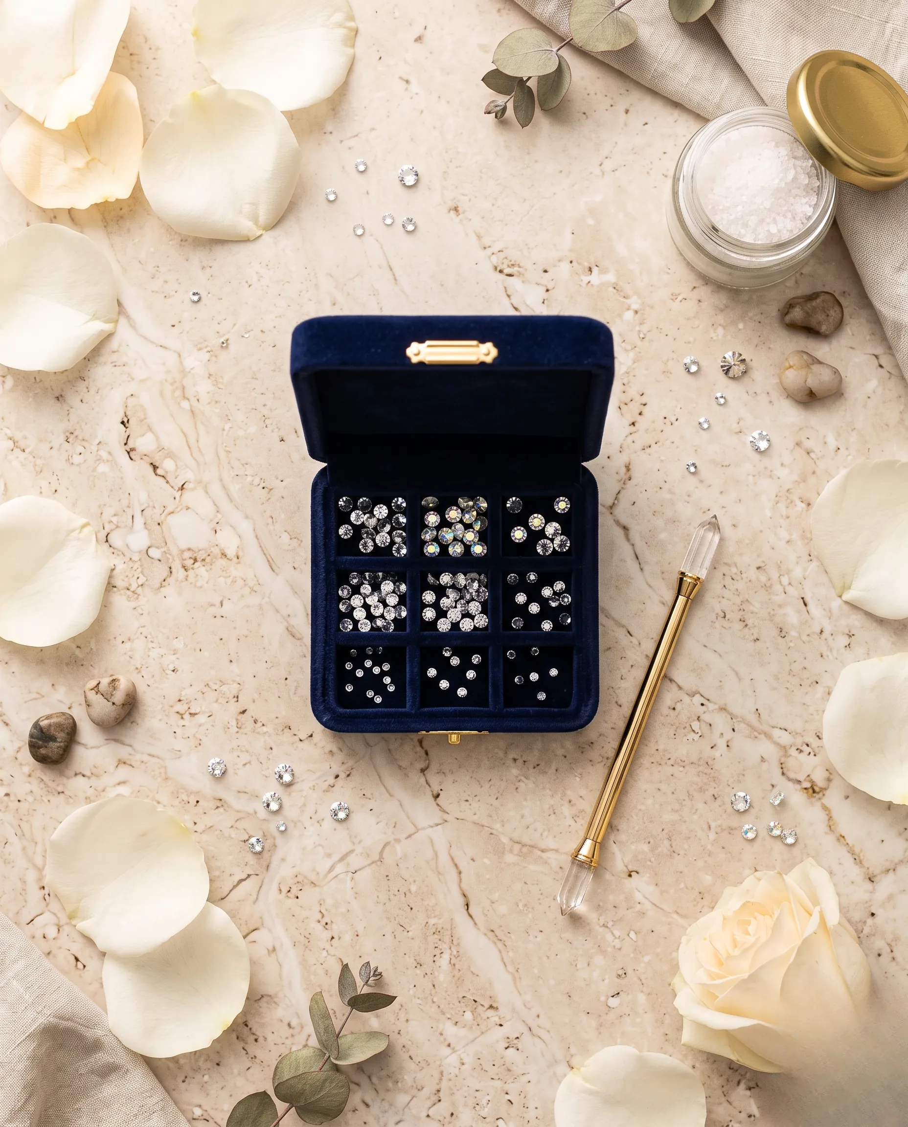 Vue de dessus d'un coffret en velours contenant des strass dentaires Swarovski et des accessoires, posé sur un plateau en marbre beige.