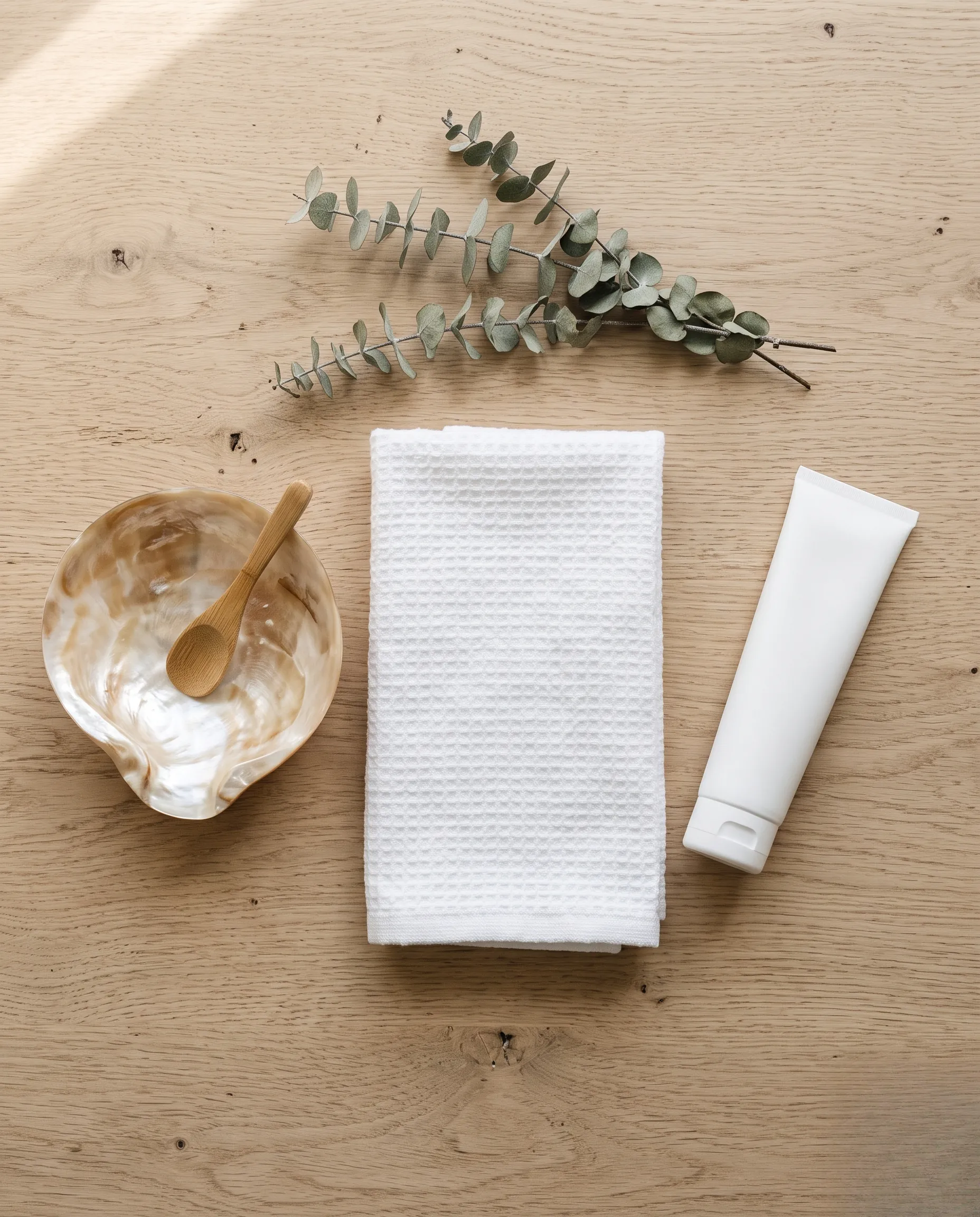 Composition à plat de produits de soin capillaire de luxe, serviette blanche et accessoires sur fond de bois clair