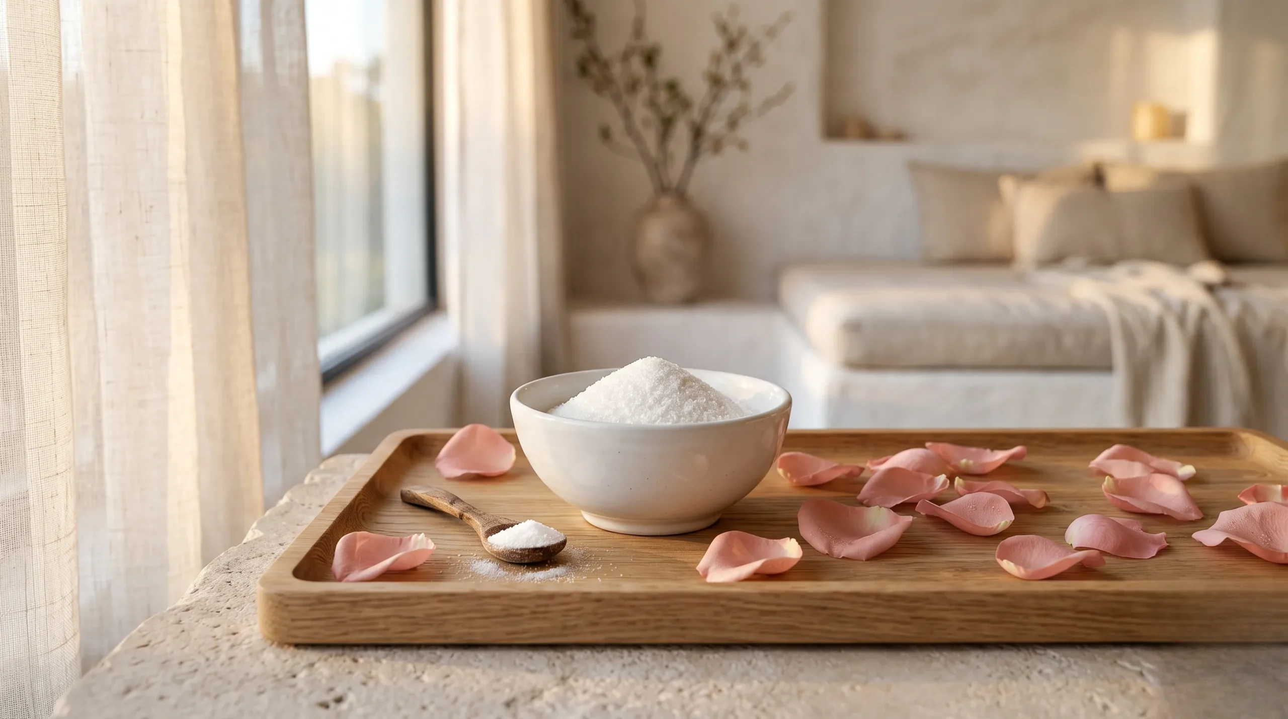 Bol en céramique blanche et poudre pure de glycine sur un plateau en bois clair, ambiance spa minimaliste et luxueuse.