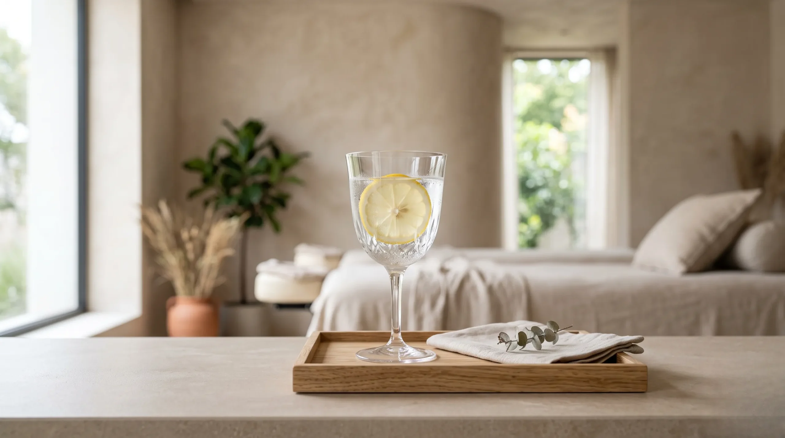Verre d'eau minérale pure avec rondelle de citron sur plateau en bois clair, ambiance spa.