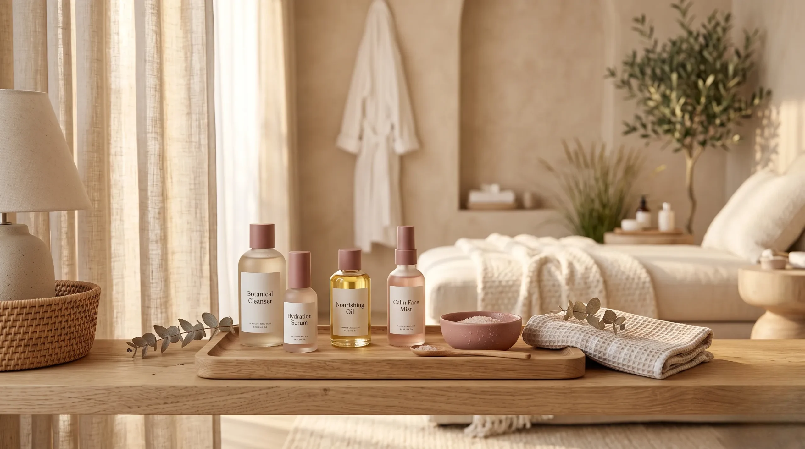 Ambiance spa minimaliste et épurée aux tons neutres et bois clair, représentant la pureté et le soin de la peau haut de gamme.