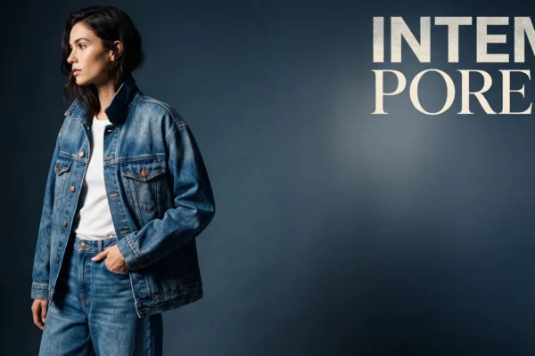 Gros plan éditorial sur la texture d'un jean denim avec éclairage studio et espace négatif.