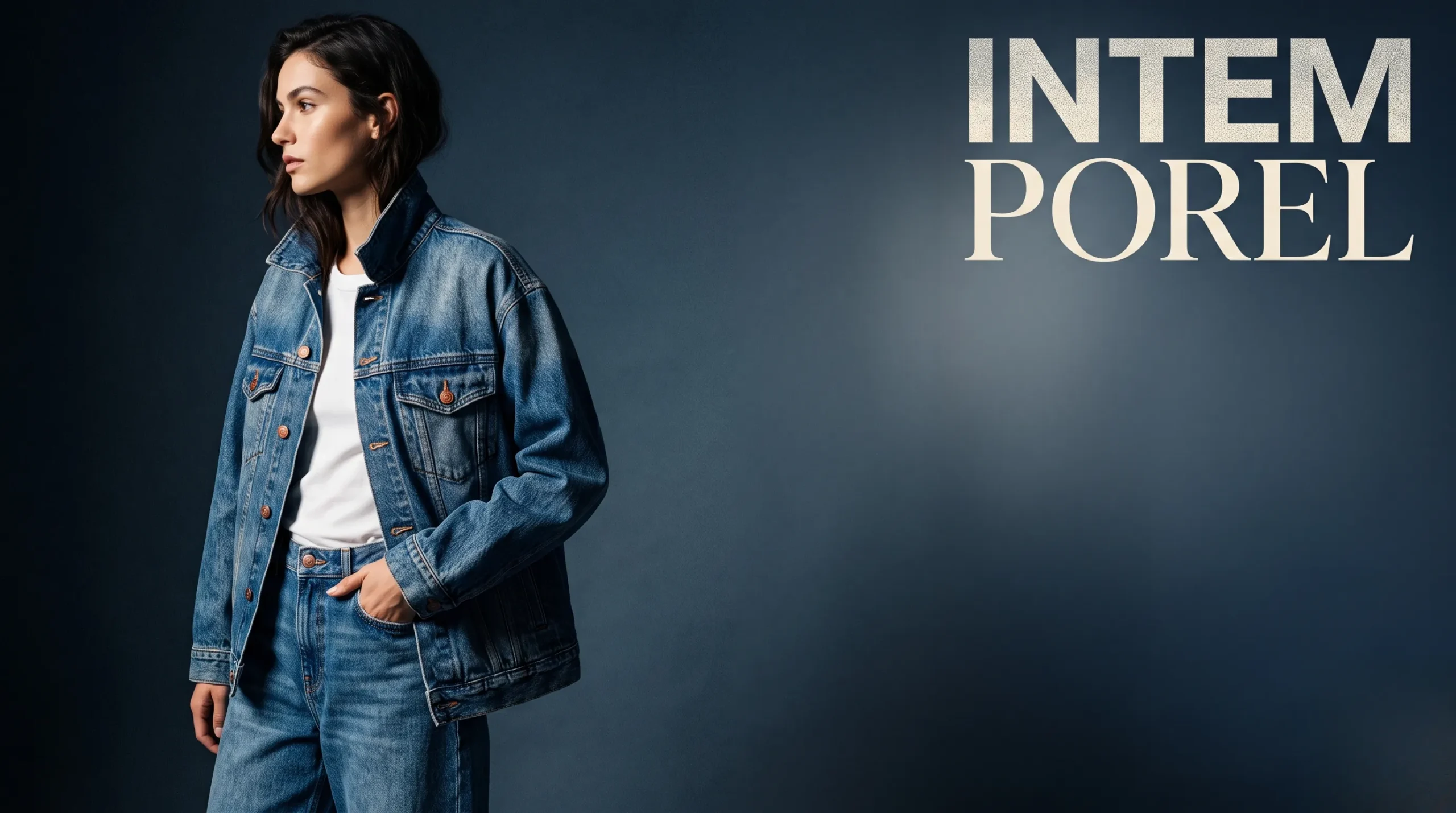 Gros plan éditorial sur la texture d'un jean denim avec éclairage studio et espace négatif.