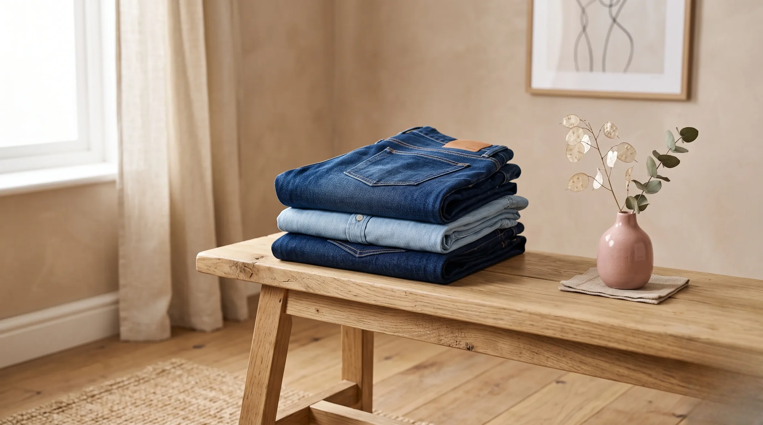 Tissu denim bleu classique plié sur un banc en bois clair, esthétique épurée.