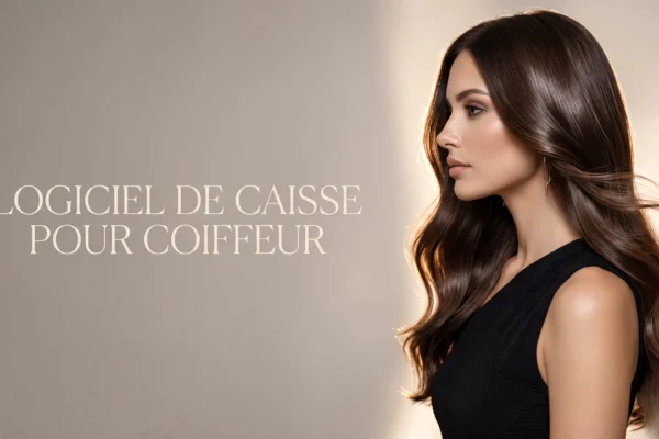 Comptoir de réception épuré en bois clair d'un salon de coiffure haut de gamme avec une tablette de caisse moderne et une touche délicate de fleurs vieux rose.