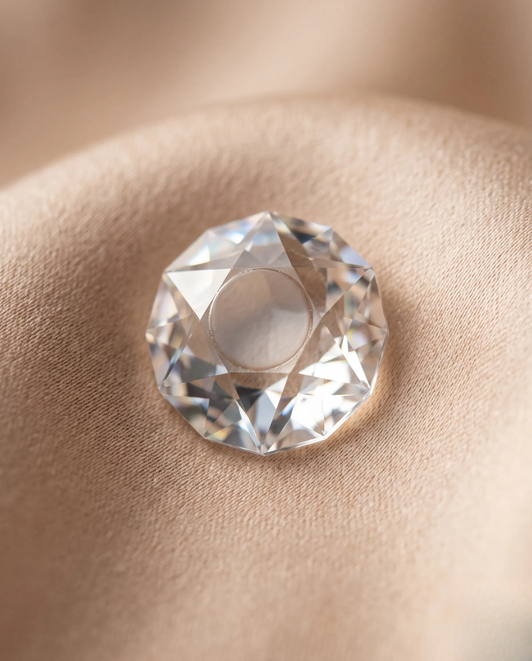 Gros plan macro sur les facettes et la structure d'un cristal Swarovski posé sur de la soie beige.