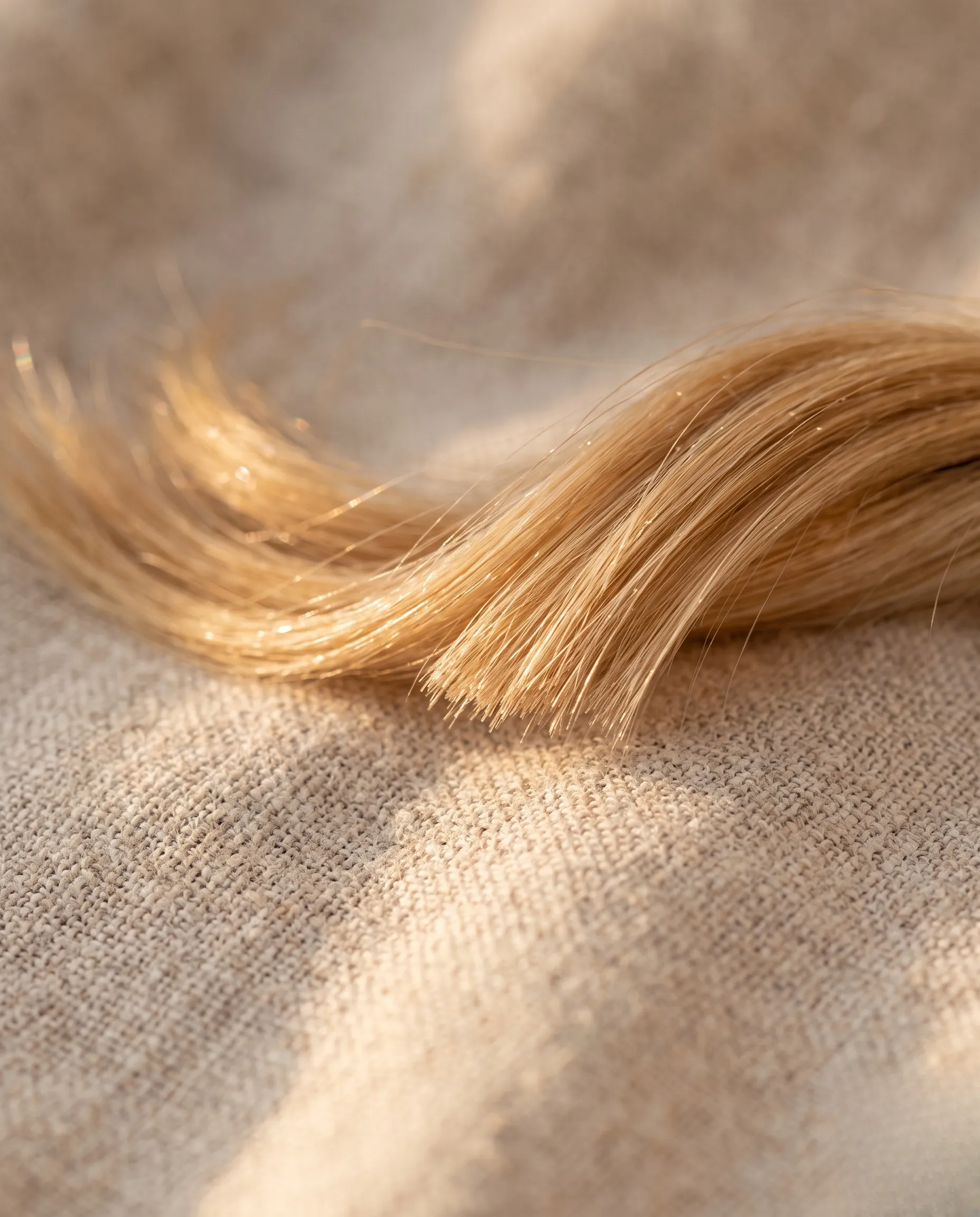 Macro extrême sur les pointes saines et lumineuses d'un balayage blond sur lin neutre.
