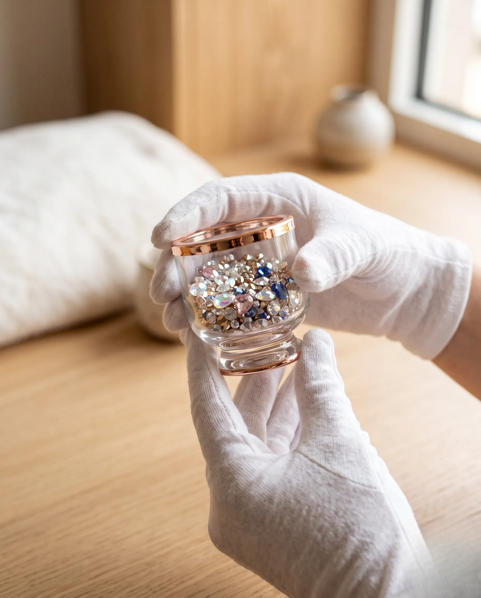 Mains gantées de blanc présentant un écrin de strass dentaires Swarovski dans un décor de spa minimaliste.