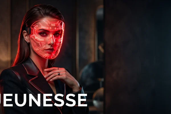 Portrait éditorial d'une femme avec un masque LED rouge illuminé, grand espace négatif.