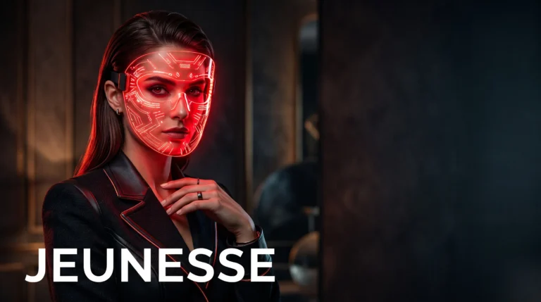 Portrait éditorial d'une femme avec un masque LED rouge illuminé, grand espace négatif.
