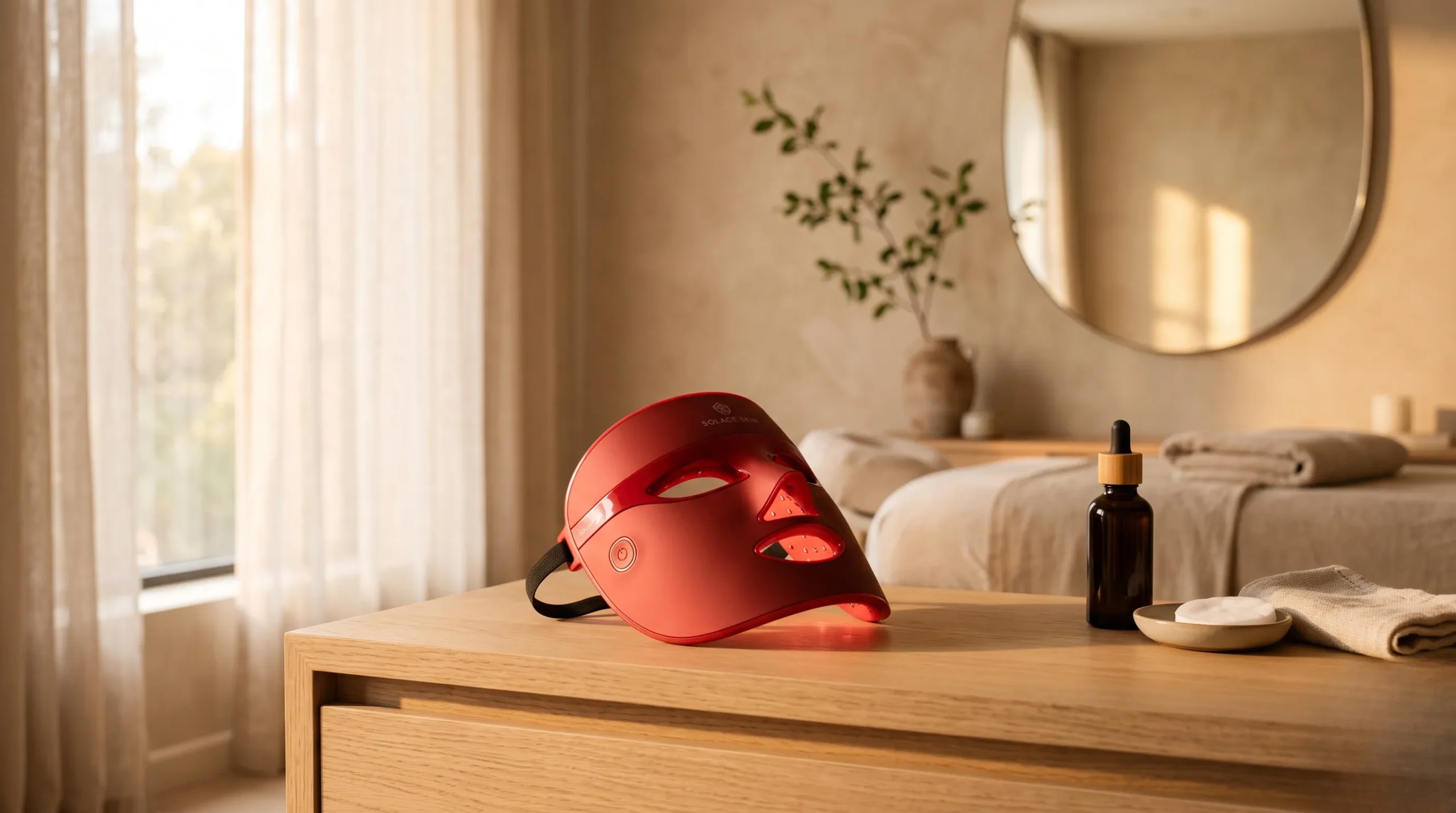 Masque LED de beauté posé sur un meuble en bois clair dans un spa luxueux et épuré.