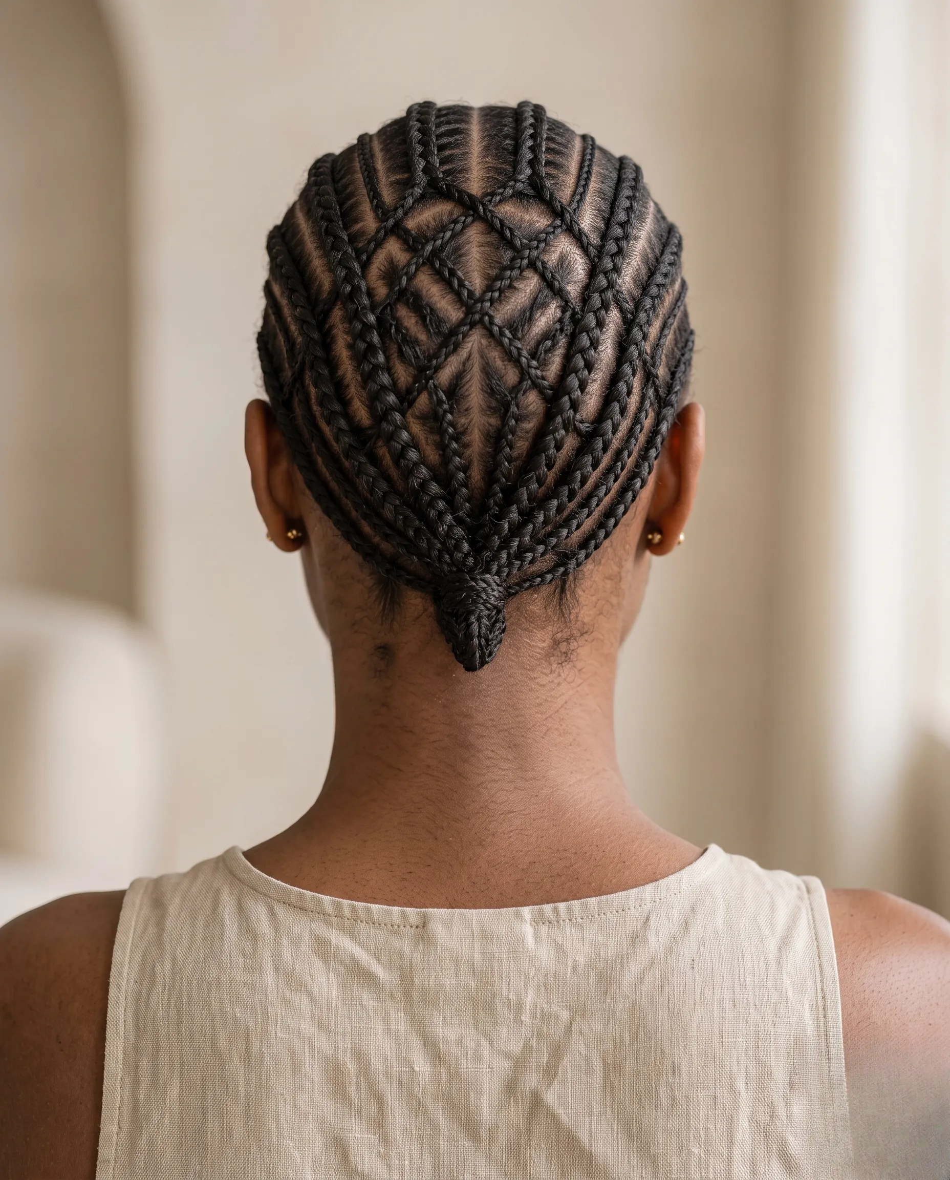 Vue arrière rapprochée des motifs géométriques parfaits de tresses collées