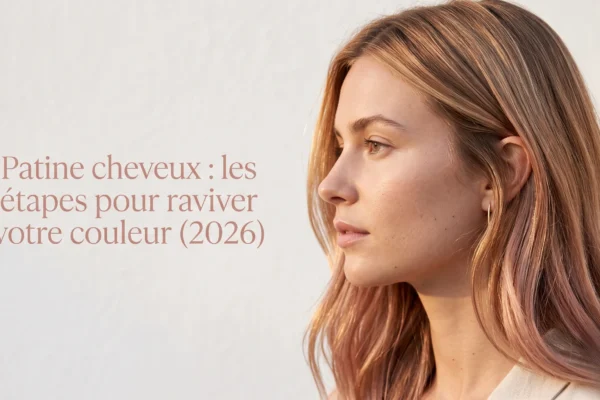 Photographie éditoriale de luxe mettant en valeur une chevelure lumineuse avec une patine subtile, espace négatif avec le titre de l'article
