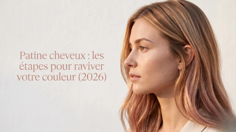 Photographie éditoriale de luxe mettant en valeur une chevelure lumineuse avec une patine subtile, espace négatif avec le titre de l'article