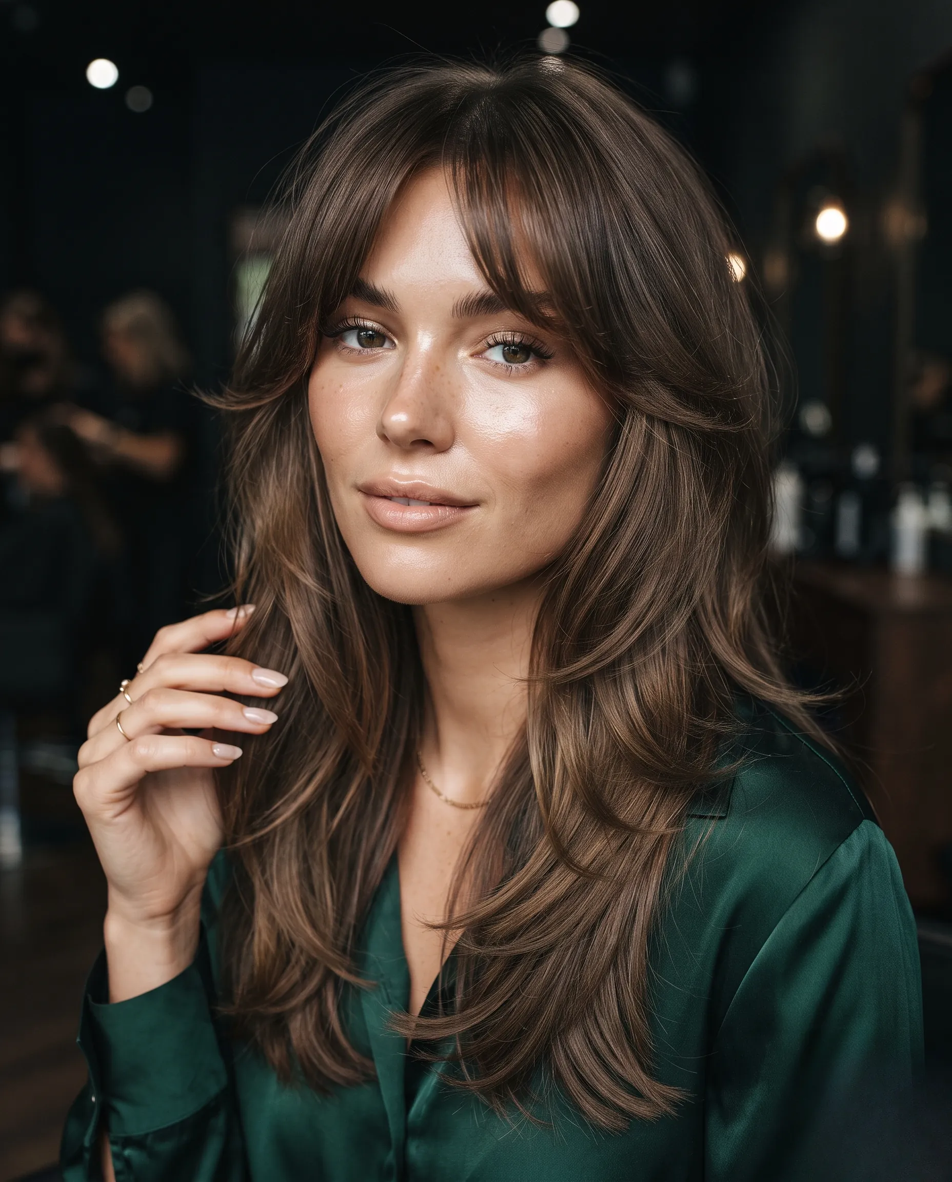 Photographie de studio minimaliste montrant un lob long et brillant, parfaitement coupé pour donner du corps aux cheveux fins.