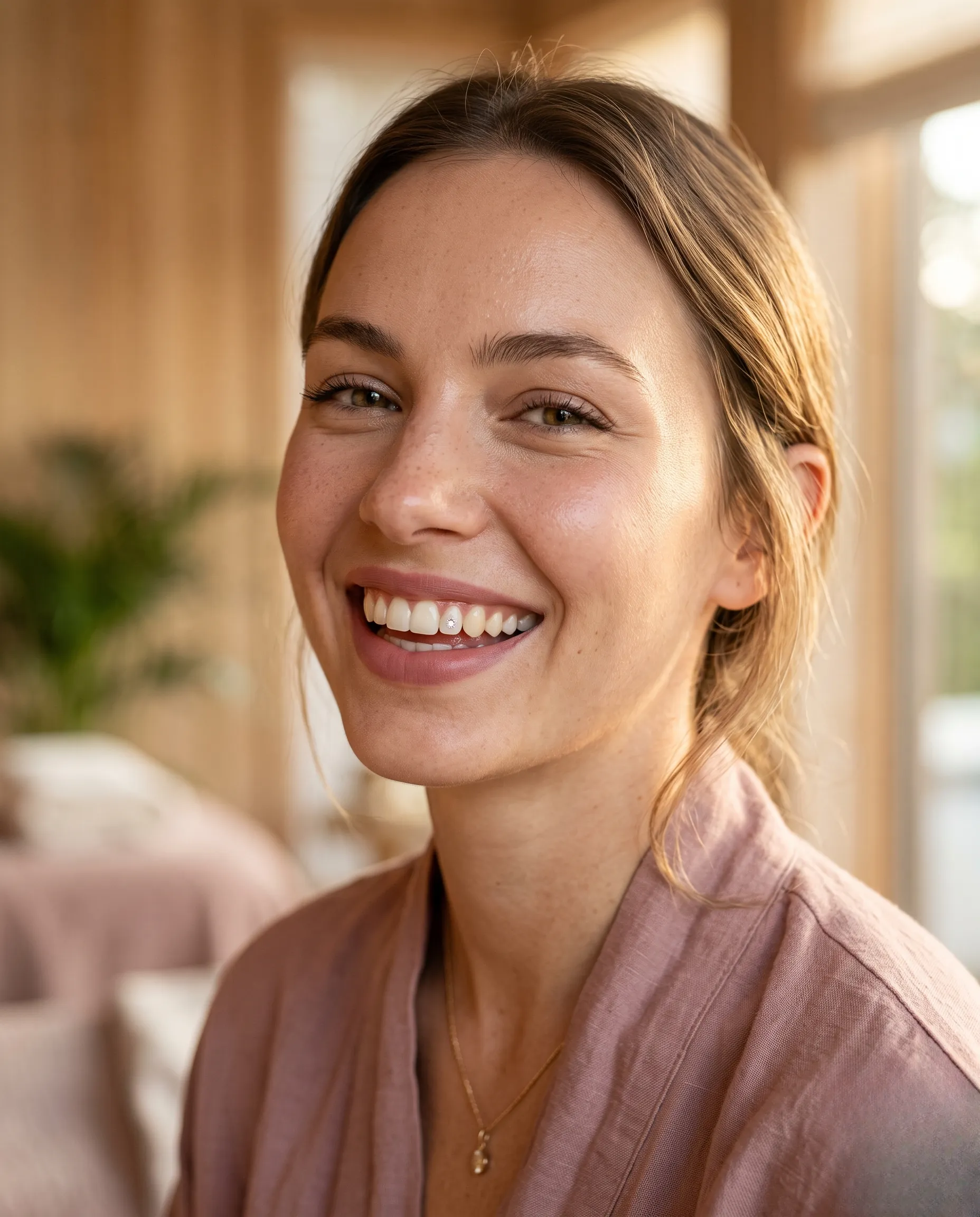 Portrait rapproché d'une jeune femme au style épuré souriant, mettant en avant l'éclat subtil de son bijou dentaire Swarovski.