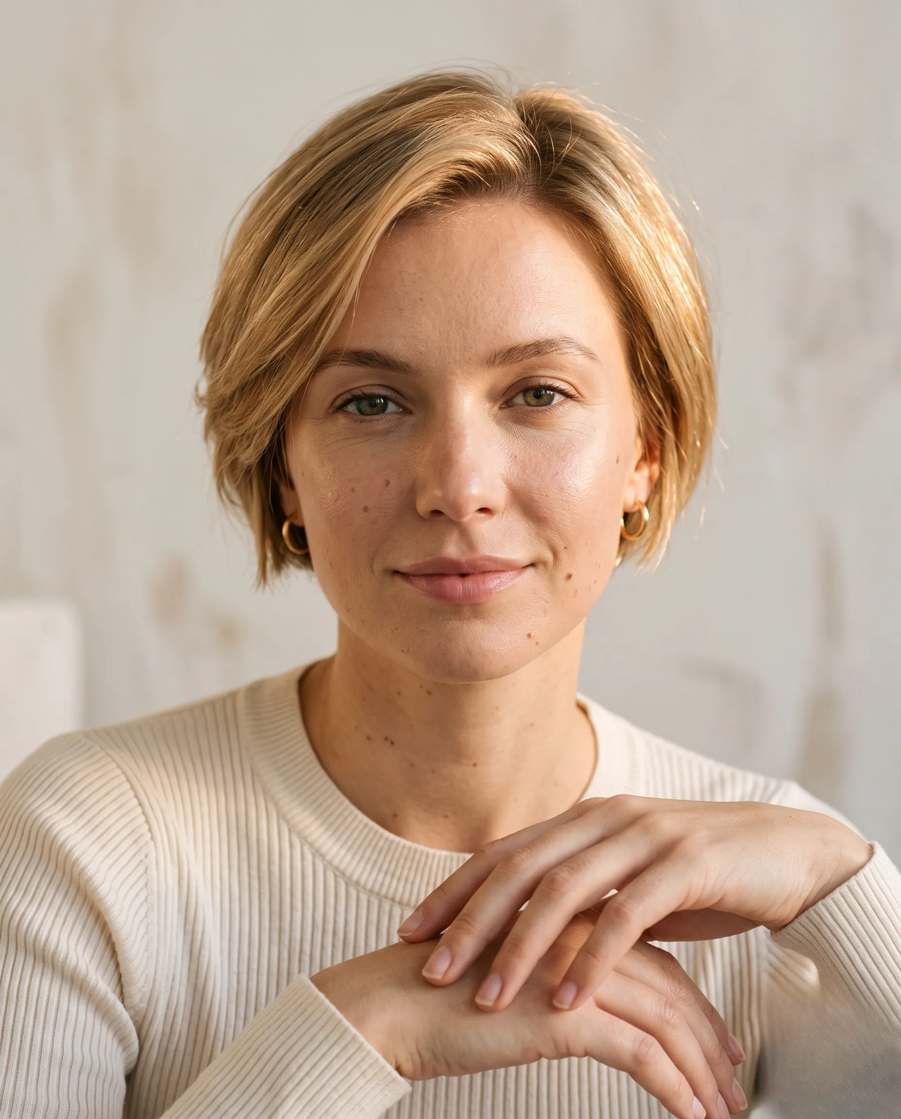 Portrait frontal lumineux d'une femme mettant en valeur sa coupe courte dégradée.