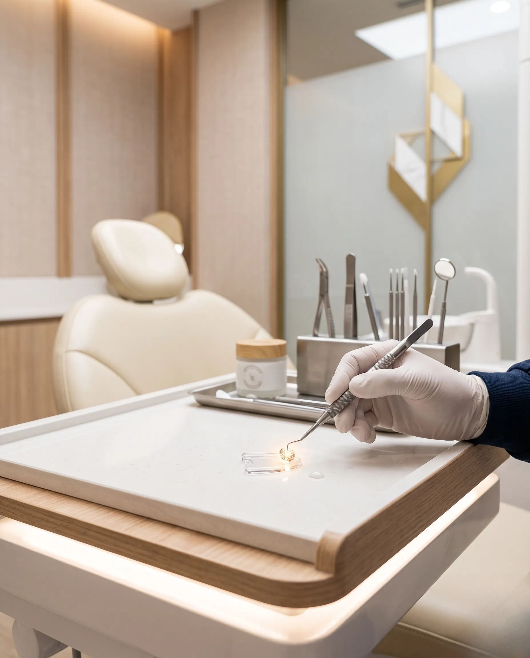 Plan de profil dans un spa dentaire luxueux, se concentrant sur les instruments de précision pour la pose de cristaux Swarovski.
