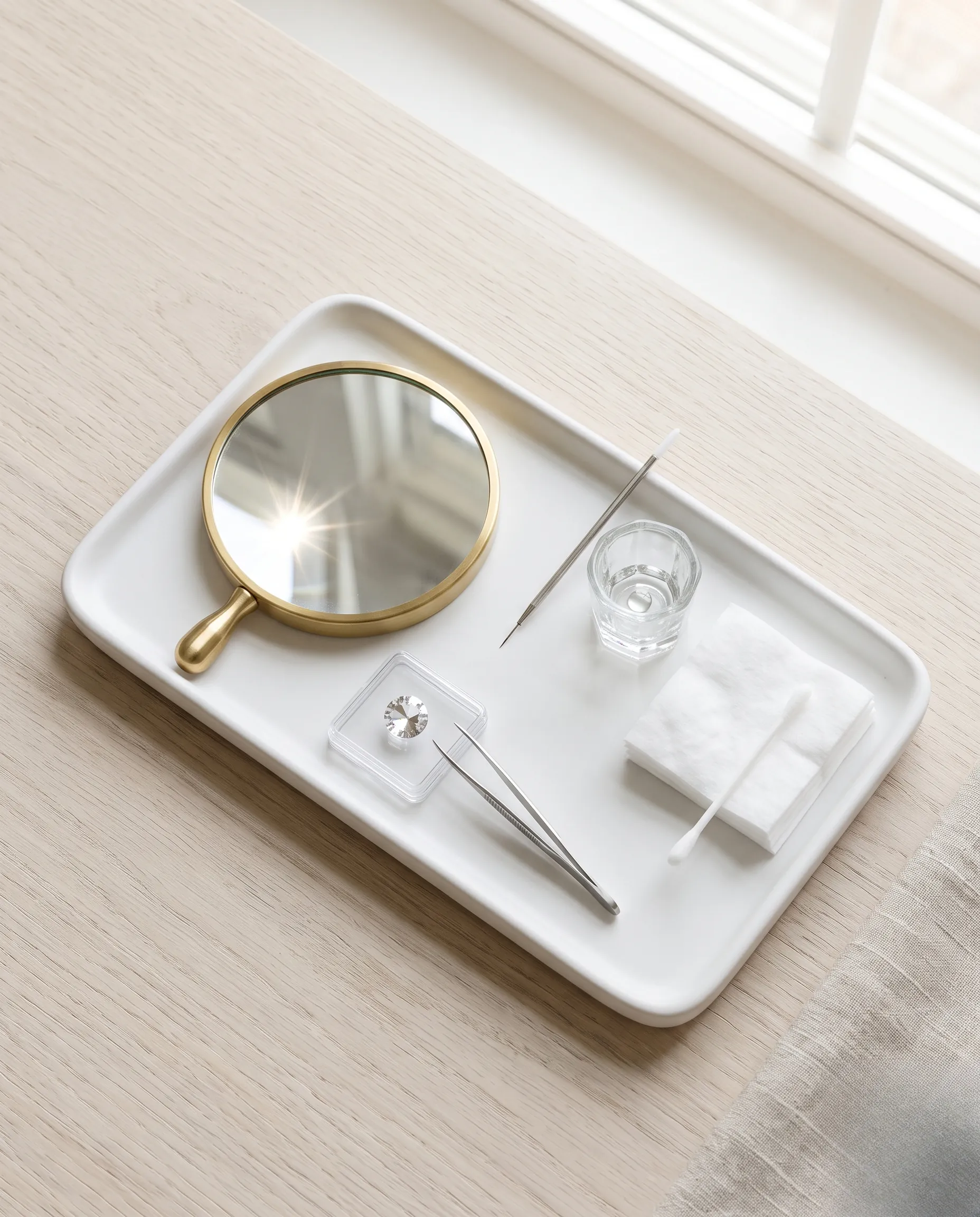Vue aérienne d'un espace de travail minimaliste dédié à la pose de bijoux dentaires avec un miroir de précision.