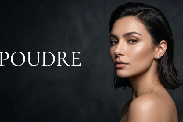 Portrait beauté éditorial au teint parfait mat et lumineux avec espace vide pour titre.