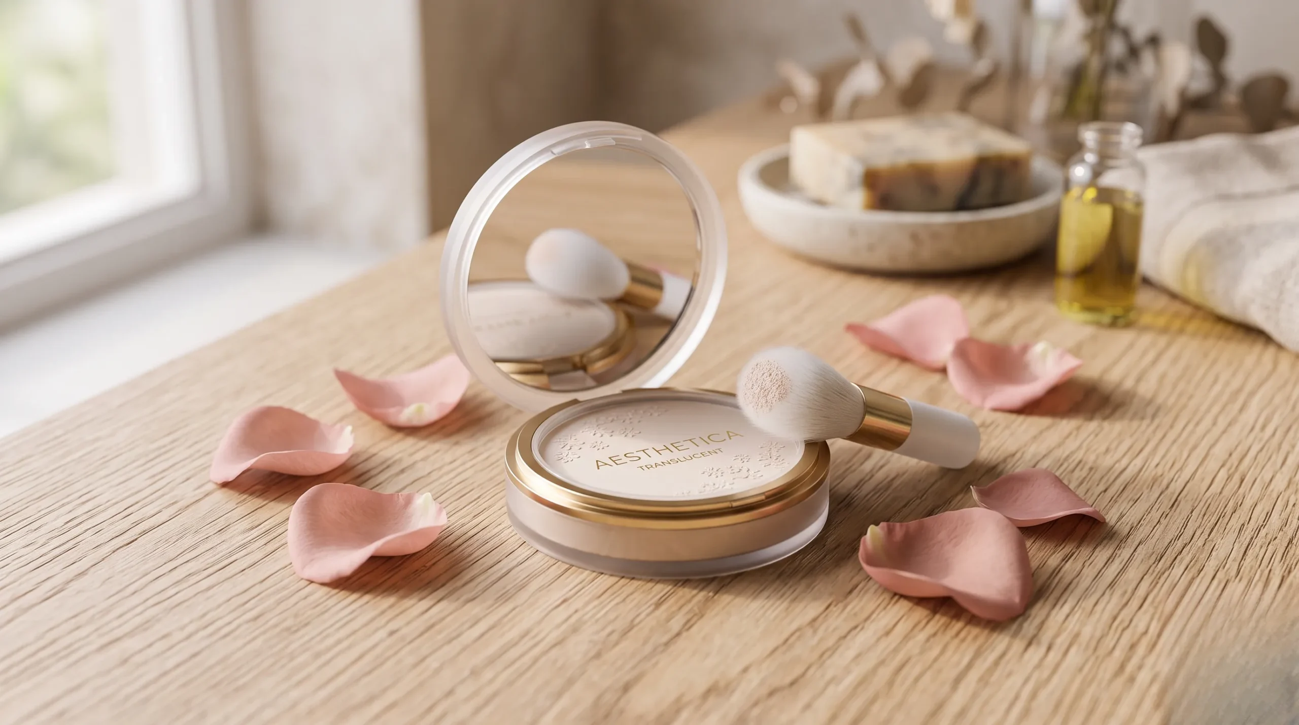 Boîtier de poudre compacte sur surface en bois clair avec pétales roses, ambiance luxe.