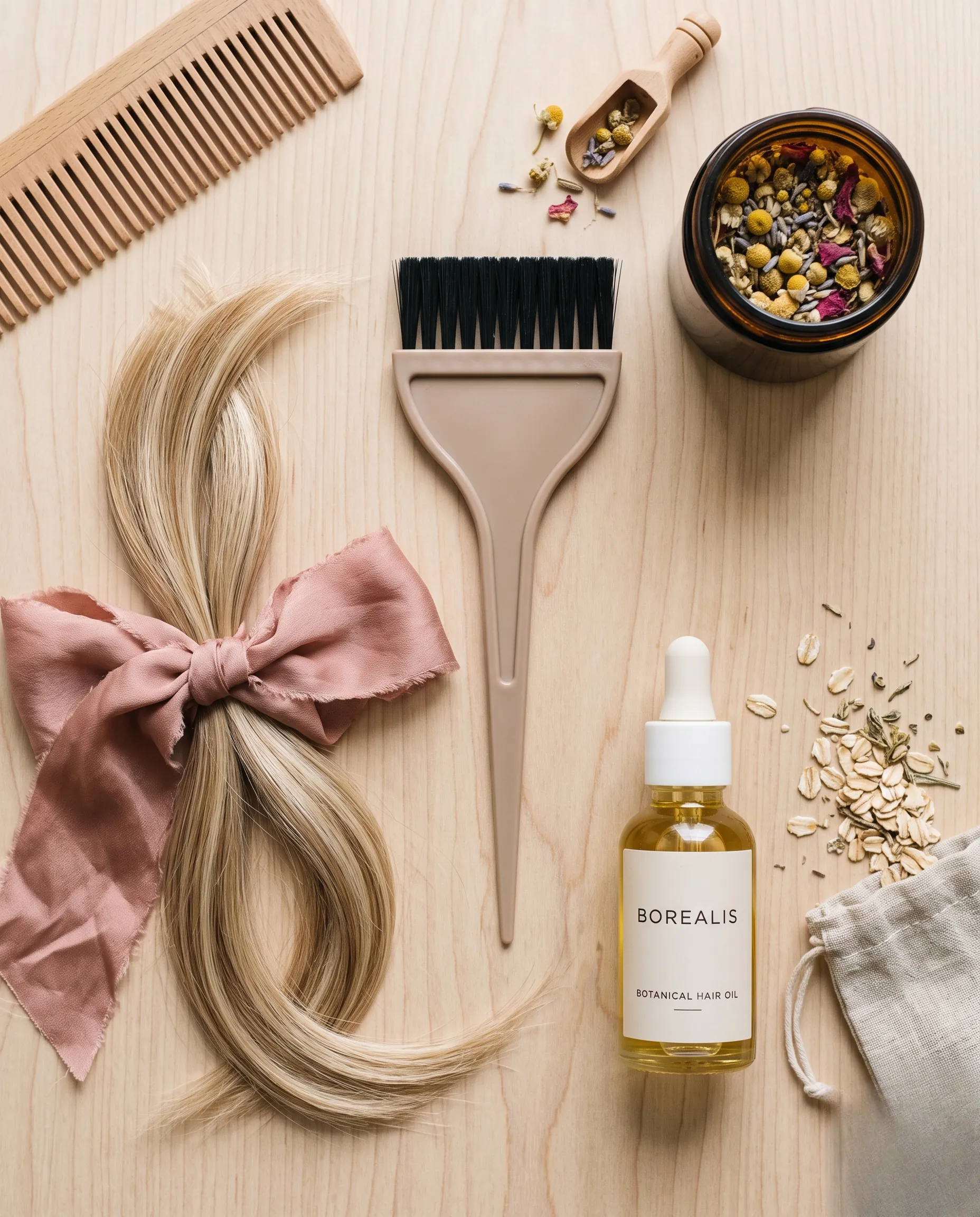 Vue de dessus d'accessoires de coiffure de luxe et de mèches blondes sur fond en bois clair.