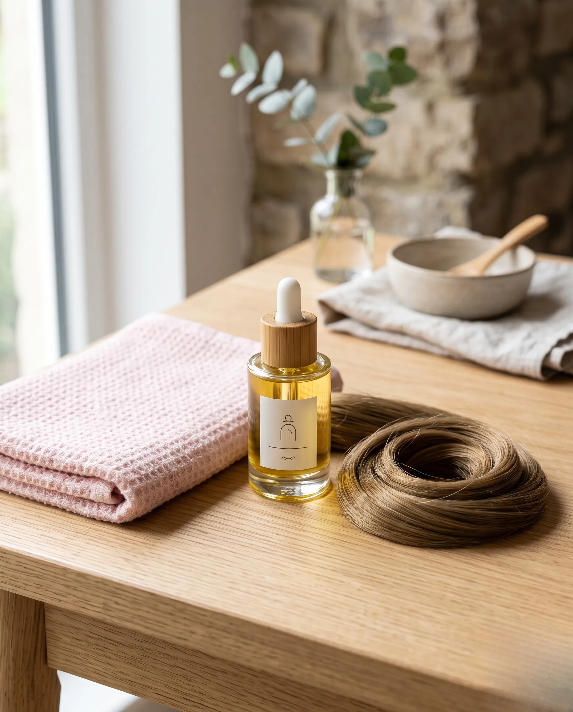 Nature morte de produits de soin capillaire de luxe disposés sur un support en bois clair