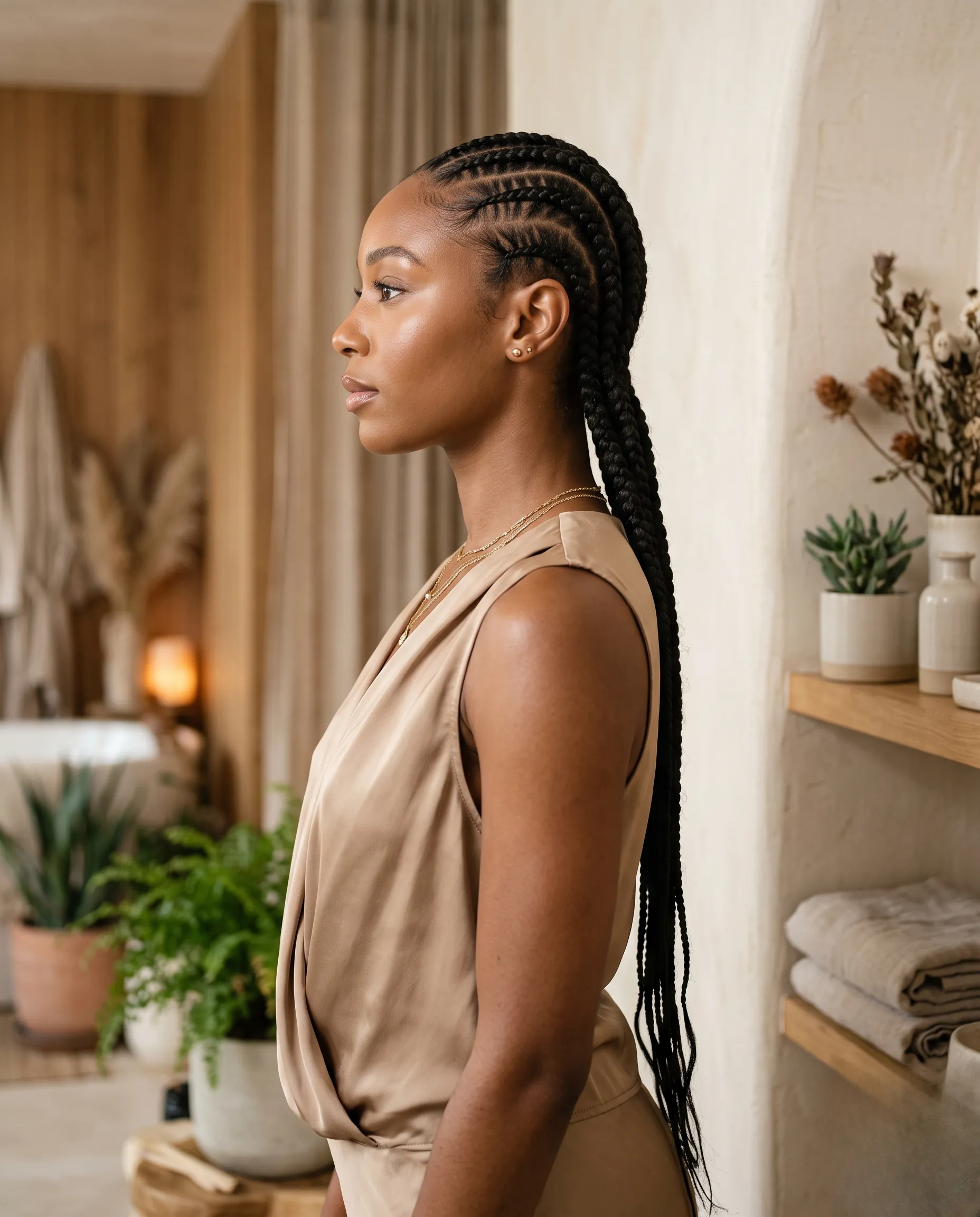 Portrait de profil d'une femme arborant une longue tresse collée élégante dans un décor épuré