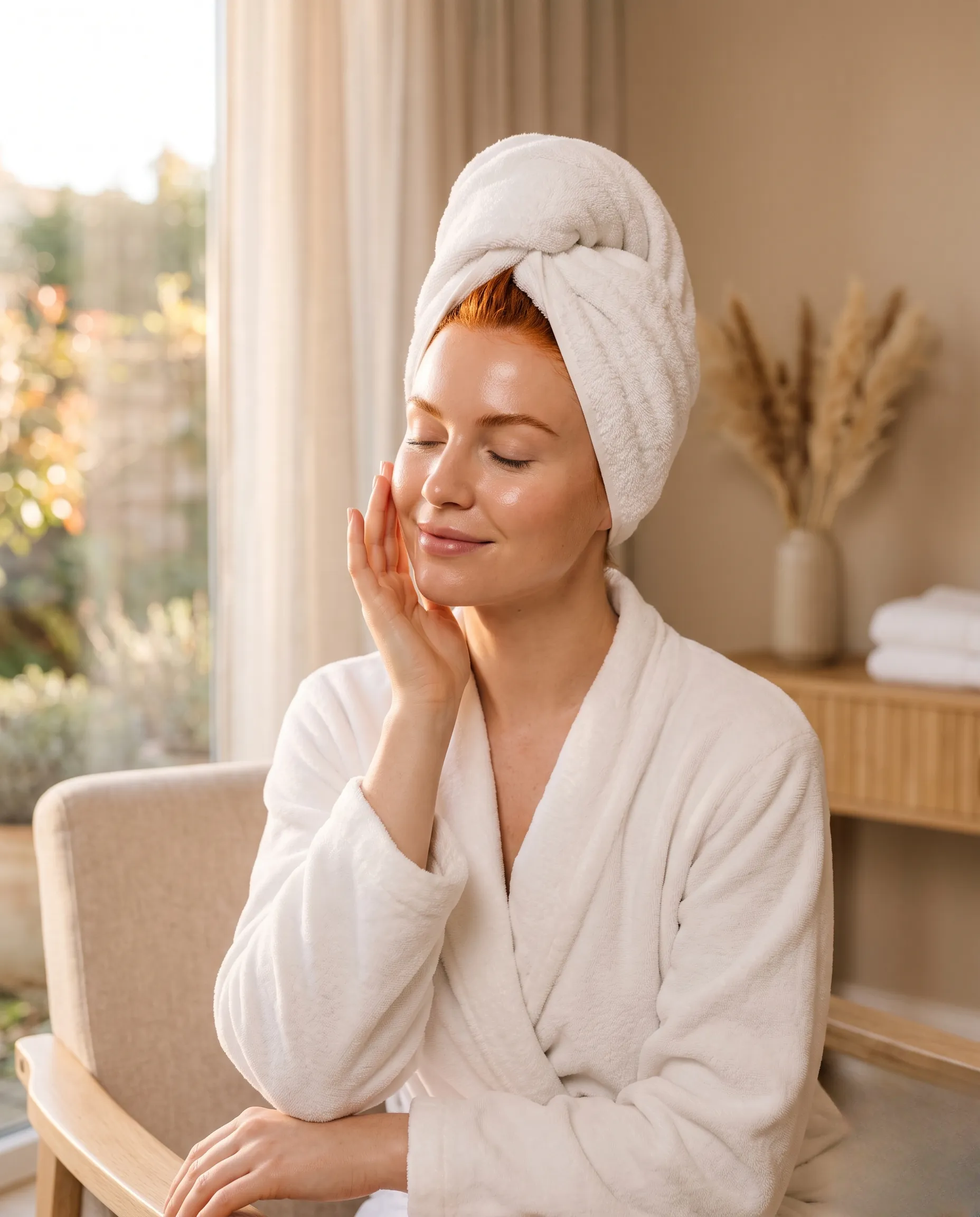 Intérieur de salle de bain de luxe aux accents de bois clair et de marbre blanc, dédié aux soins capillaires.