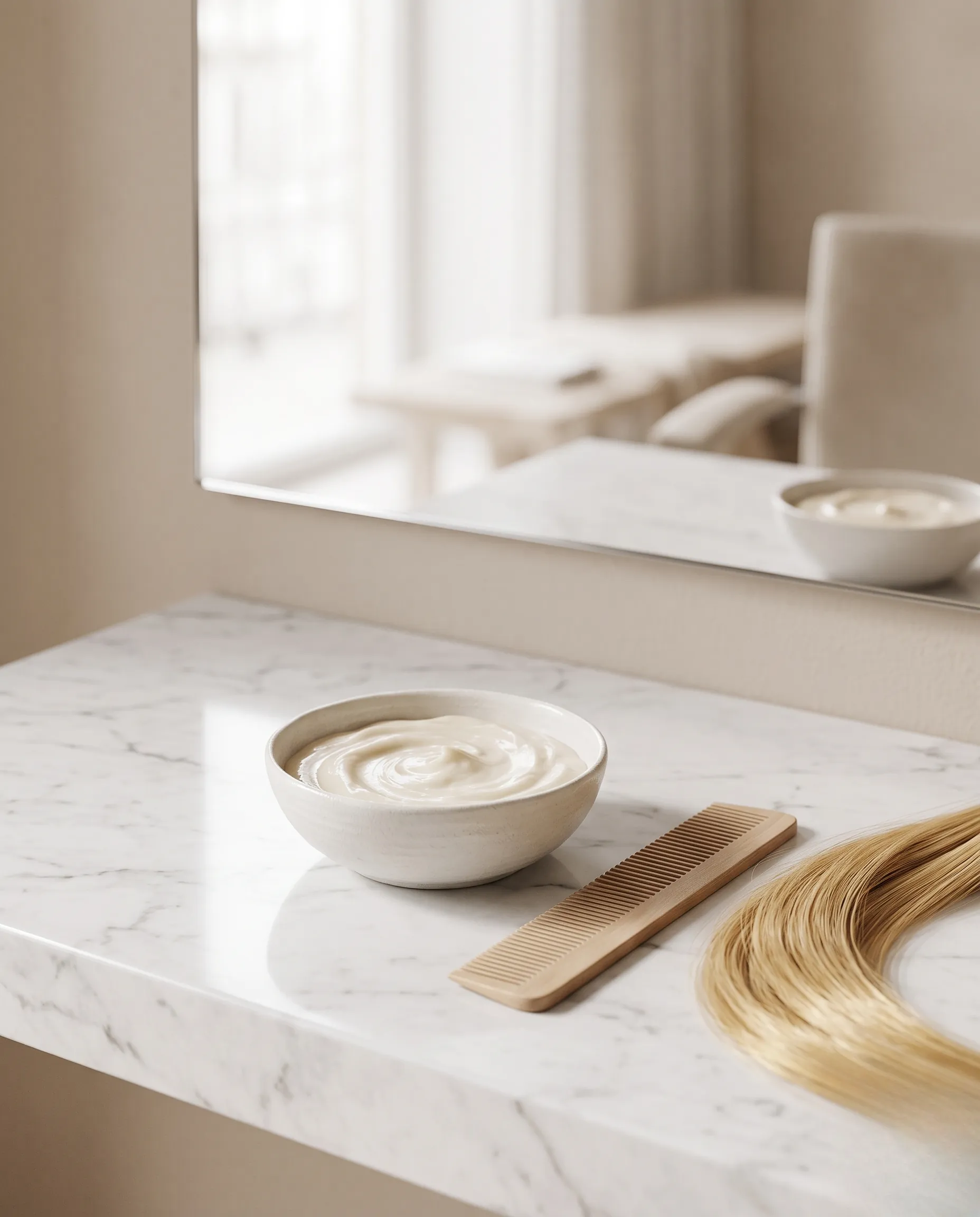 Composition minimaliste sur marbre blanc avec des accessoires de soin pour cheveux blonds.