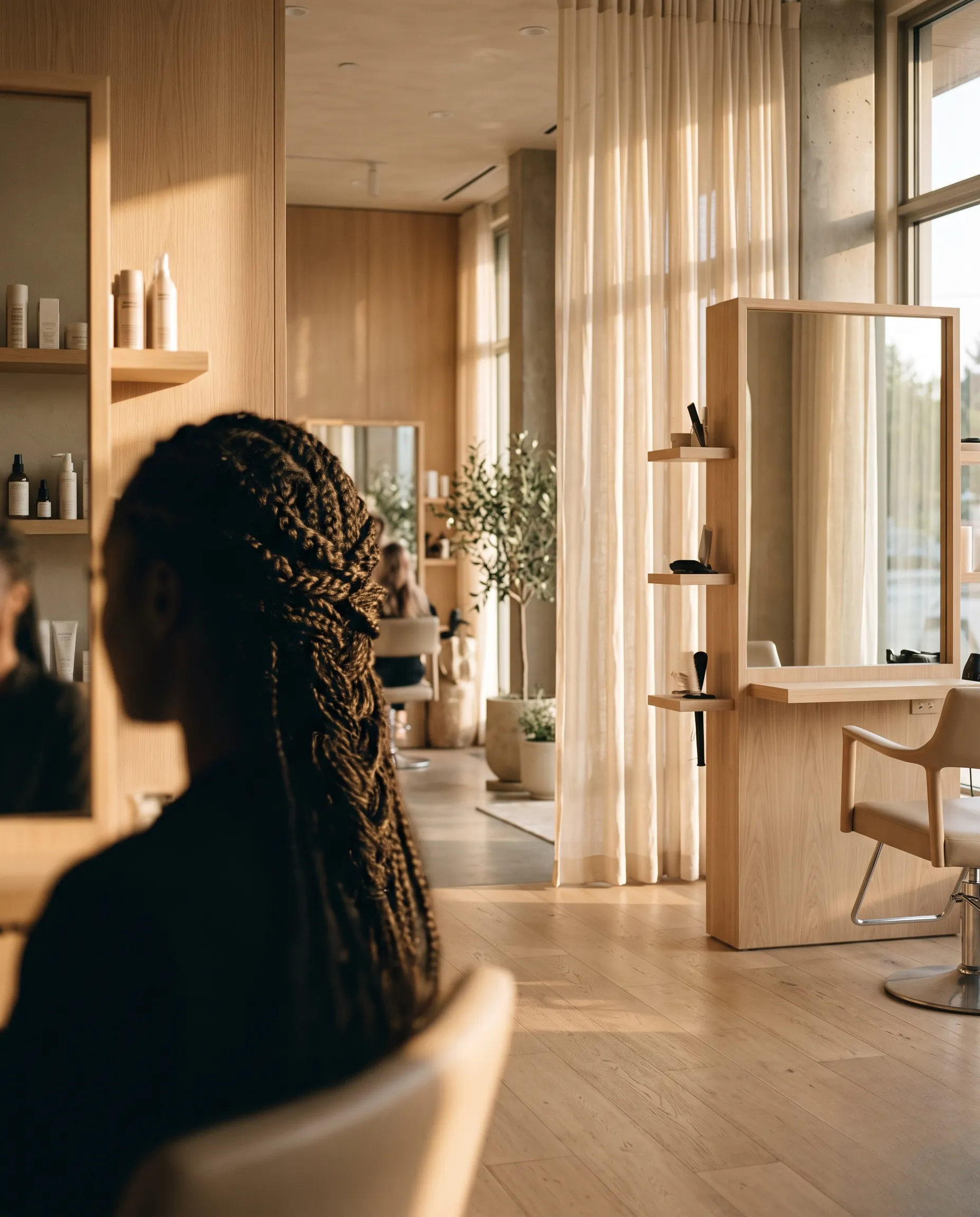 Ambiance de salon de coiffure haut de gamme au design minimaliste et lumineux
