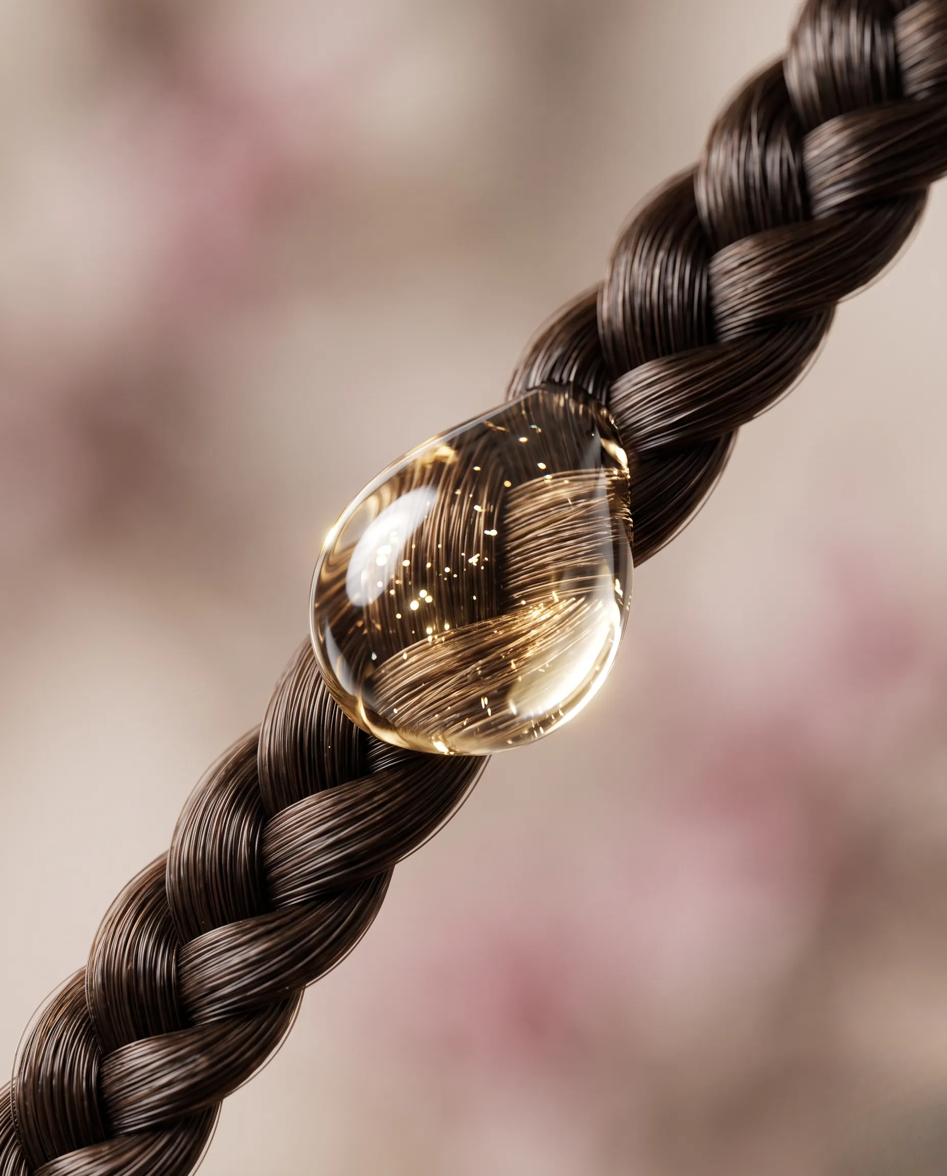 Gros plan macro sur une goutte de sérum capillaire hydratant sur une tresse collée brillante