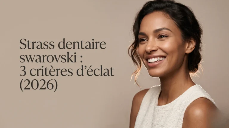 Photographie éditoriale de mode montrant un sourire lumineux avec un strass dentaire Swarovski, habilement mis en valeur pour l'article sur les critères d'éclat en 2026.