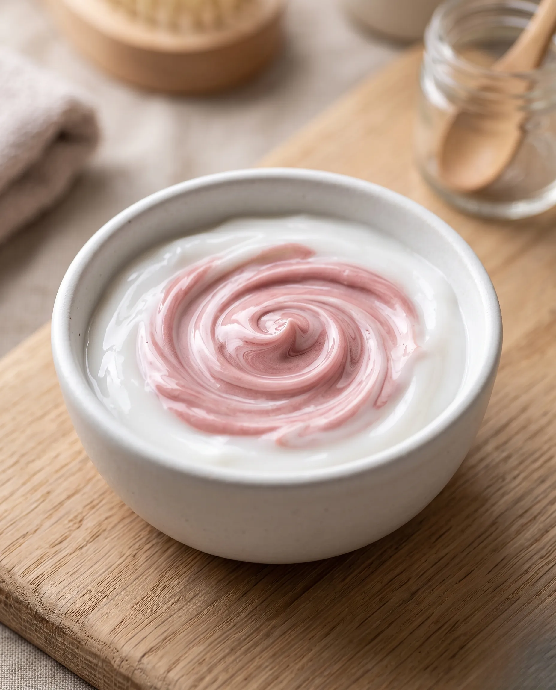 Gros plan macro d'une crème de soin patine pour cheveux aux reflets vieux rose dans un bol en céramique blanc, ambiance spa minimaliste