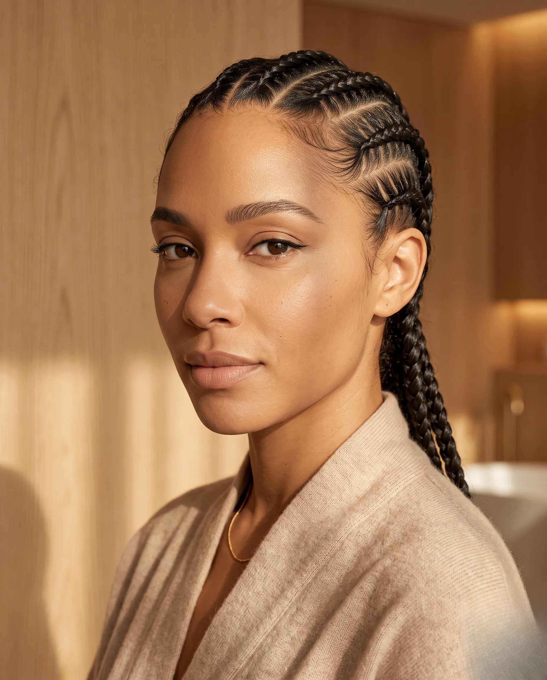 Gros plan sur une coiffure de tresse collée impeccable dans une ambiance spa minimaliste et luxueuse
