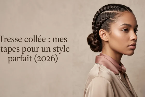 Photographie éditoriale d'une coiffure de tresse collée sophistiquée avec typographie élégante pour l'article Tresse collée : mes étapes pour un style parfait (2026)