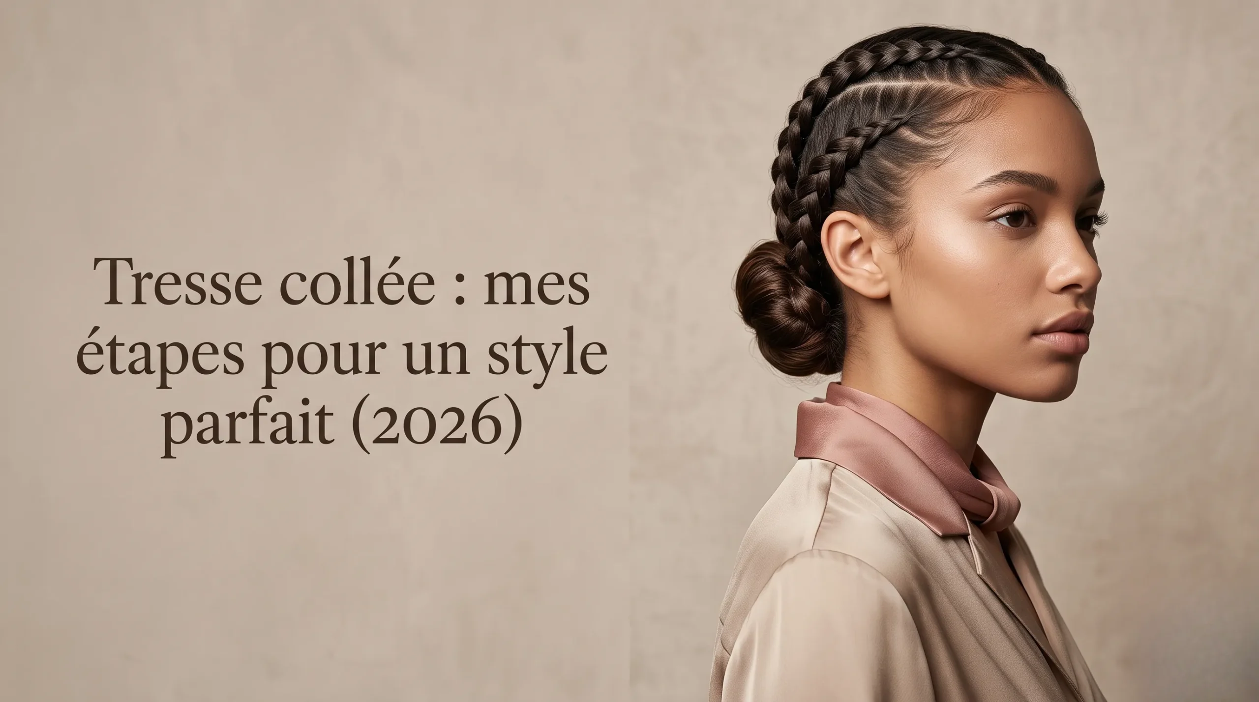 Photographie éditoriale d'une coiffure de tresse collée sophistiquée avec typographie élégante pour l'article Tresse collée : mes étapes pour un style parfait (2026)