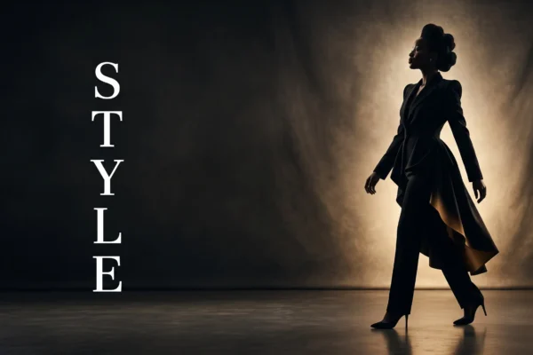 Photographie de mode éditoriale haut de gamme avec éclairage studio et espace vide pour titre.