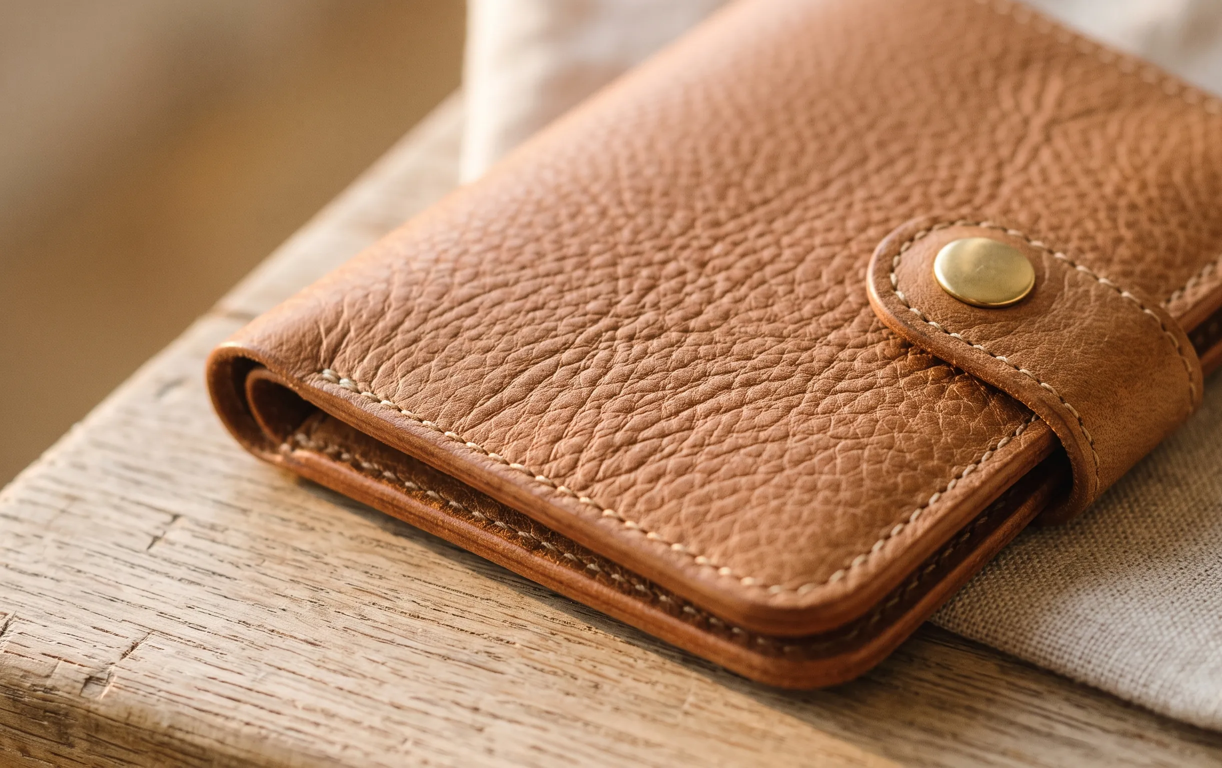 détails des finitions en cuir d'un accessoire de luxe sous une lumière naturelle et douce