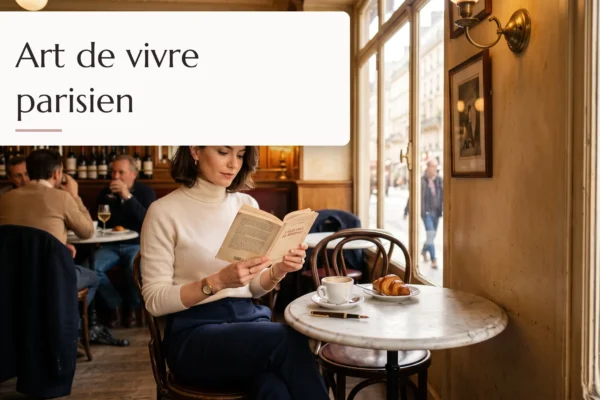 femme élégante profitant d'un instant de flânerie dans un café typiquement parisien baigné de lumière