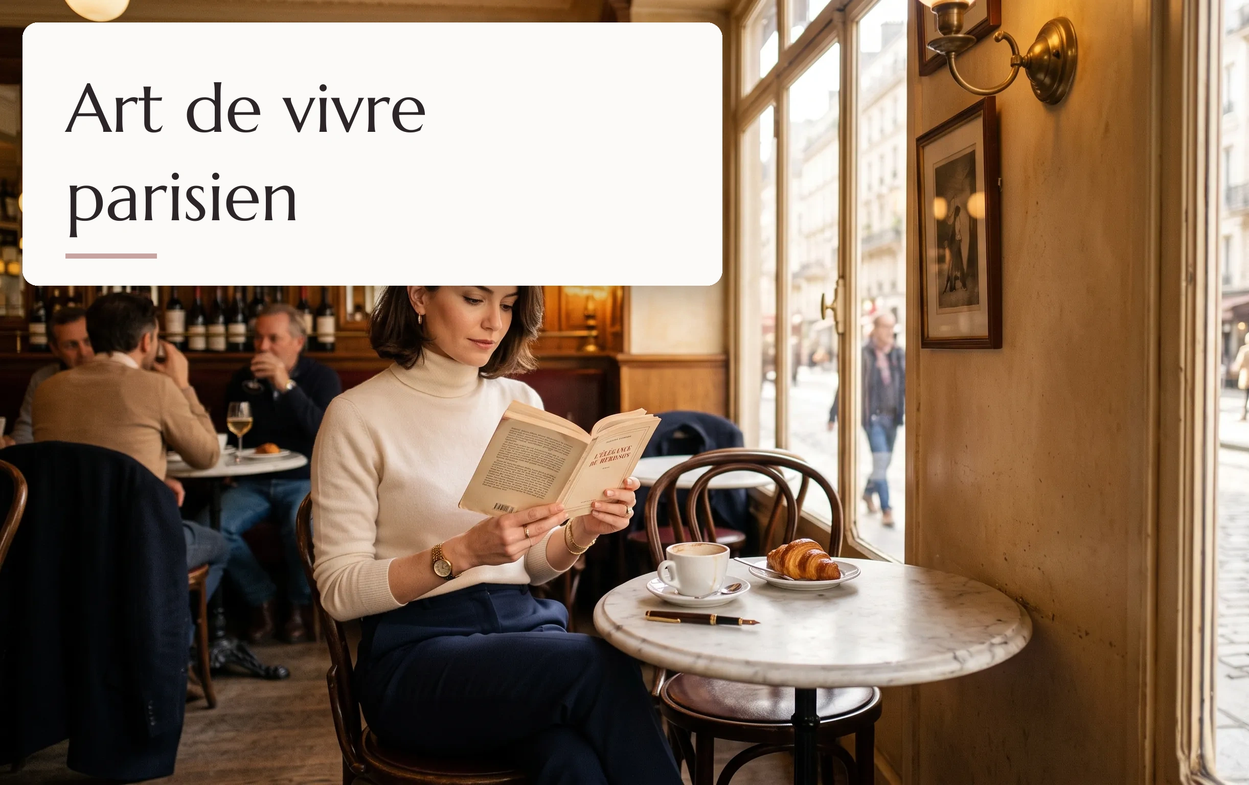 femme élégante profitant d'un instant de flânerie dans un café typiquement parisien baigné de lumière