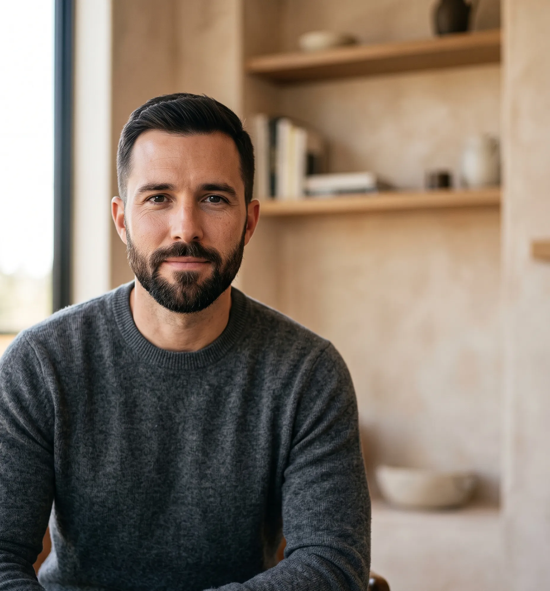 homme soigné présentant une coupe courte parfaitement accordée à une barbe courte taillée avec précision