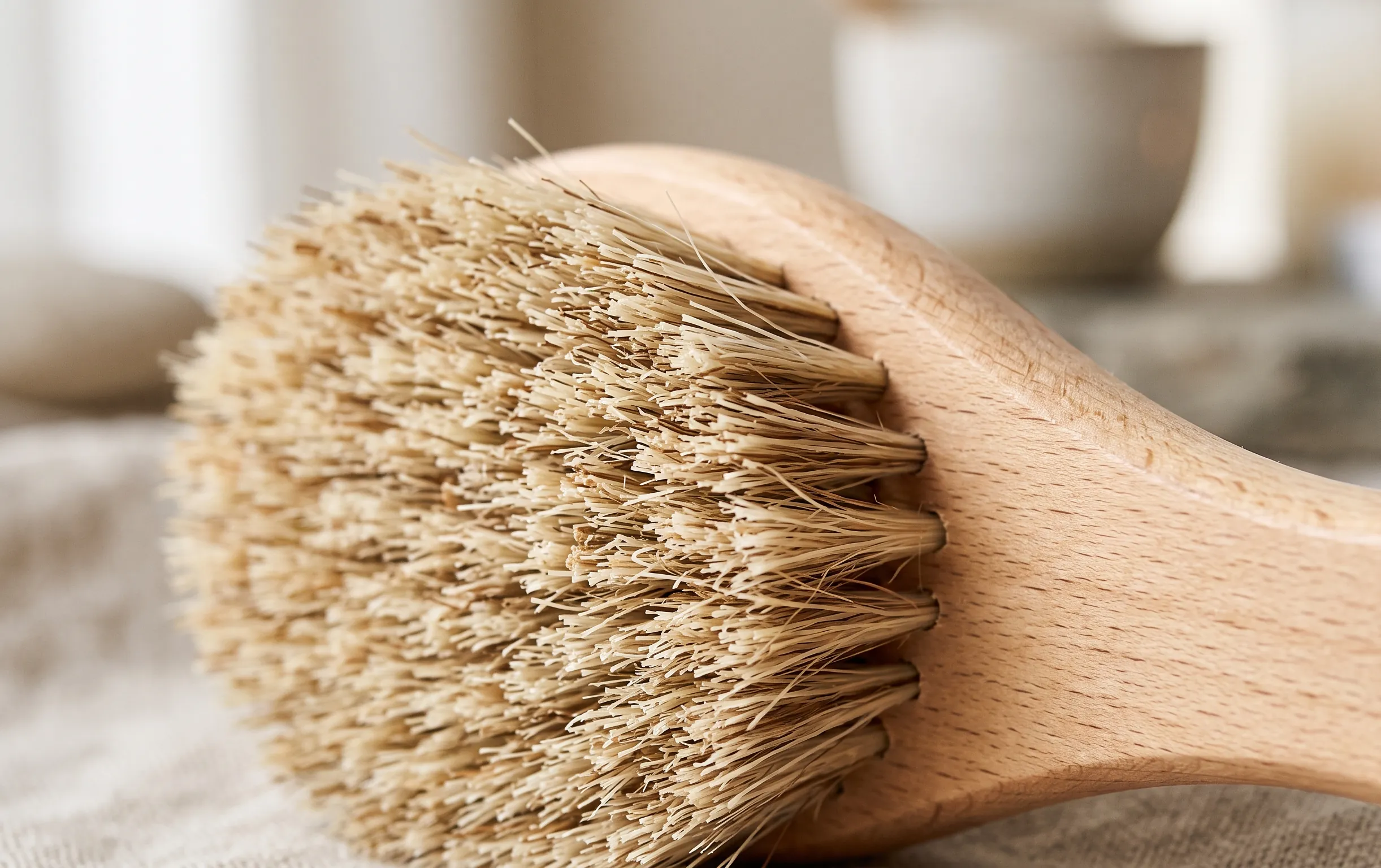 gros plan sur les poils naturels d'une brosse de massage pour le visage aux tons boisés