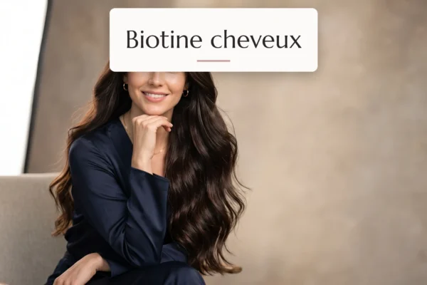 femme à la chevelure resplendissante de santé utilisant un soin enrichi en biotine cheveux