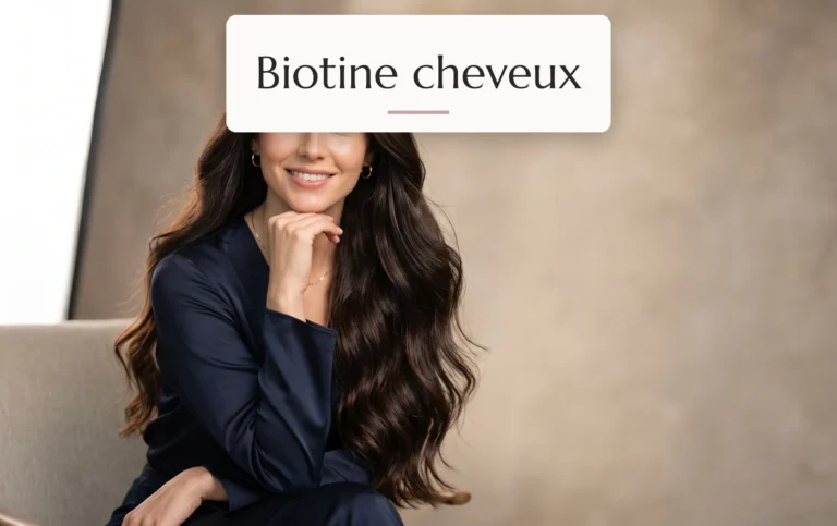 femme à la chevelure resplendissante de santé utilisant un soin enrichi en biotine cheveux