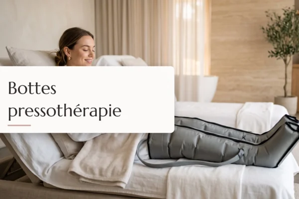 modèle utilisant des bottes de pressothérapie dans un spa luxueux pour une récupération optimale