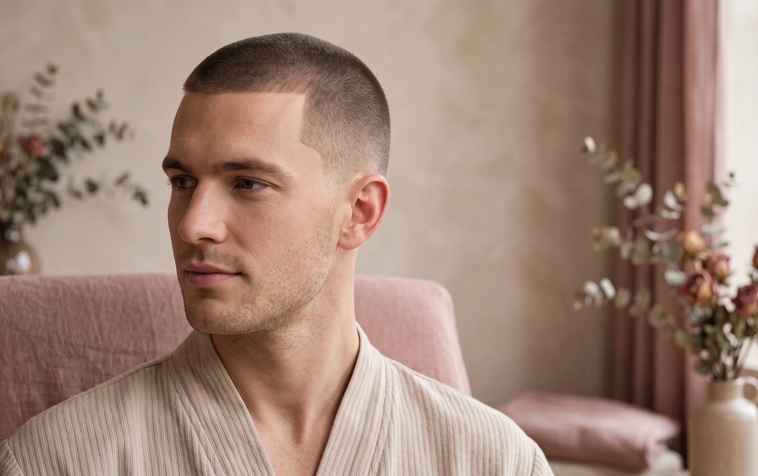 gros plan sur un buzz cut parfaitement exécuté dans un décor épuré aux tons neutres et chaleureux