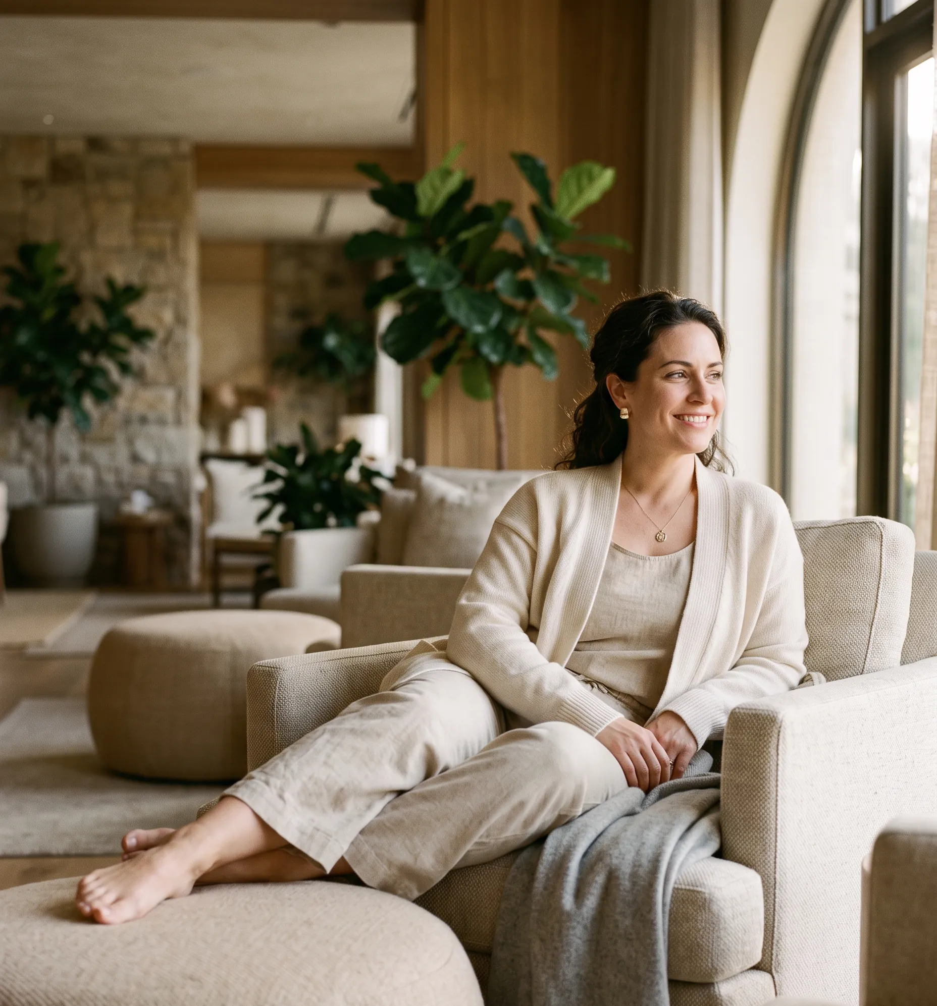 Scène chaleureuse de détente en spa incarnant l'acceptation de soi et l'élégance au naturel.