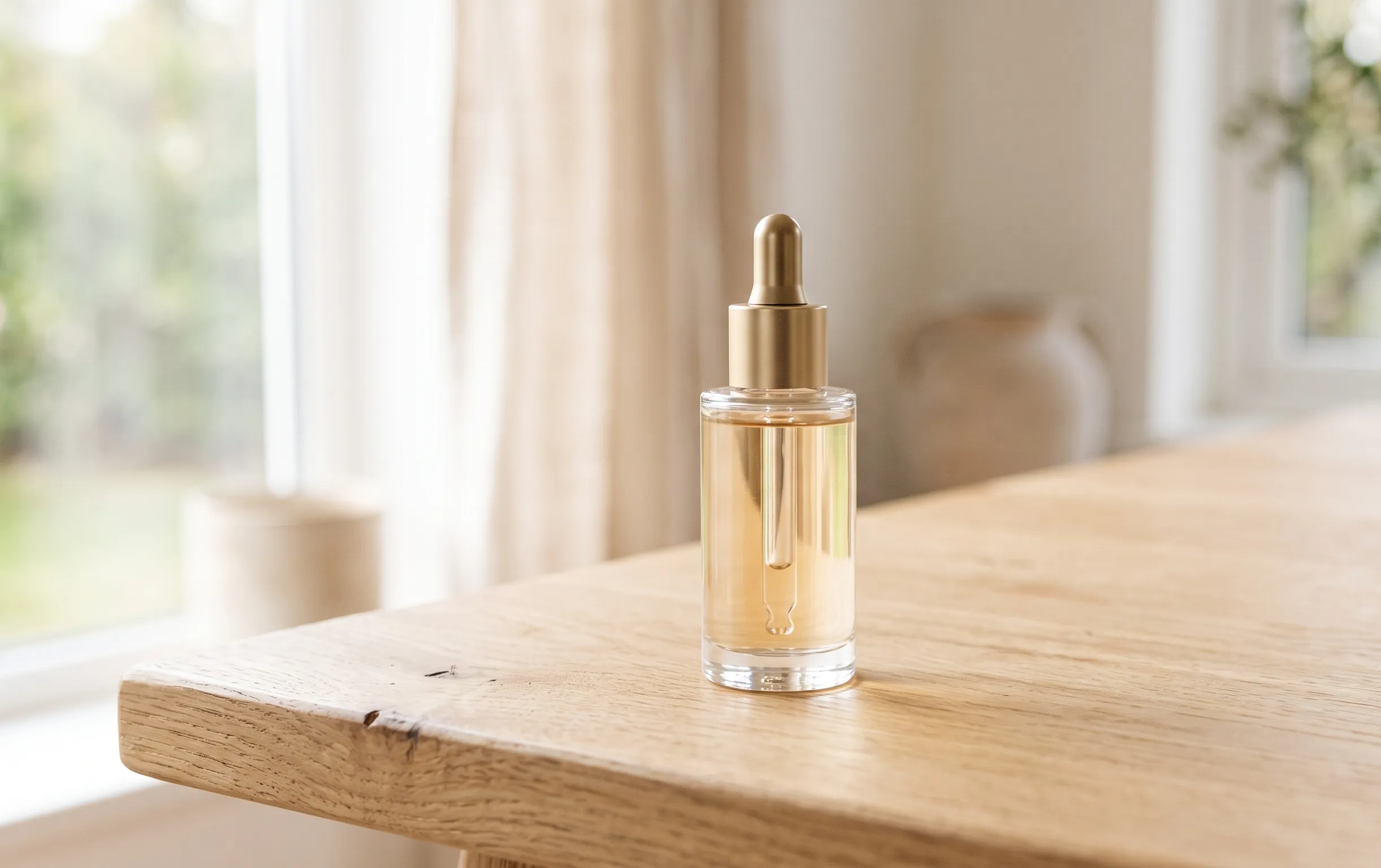 flacon de sérum capillaire élégant posé sur une surface en bois clair très minimaliste