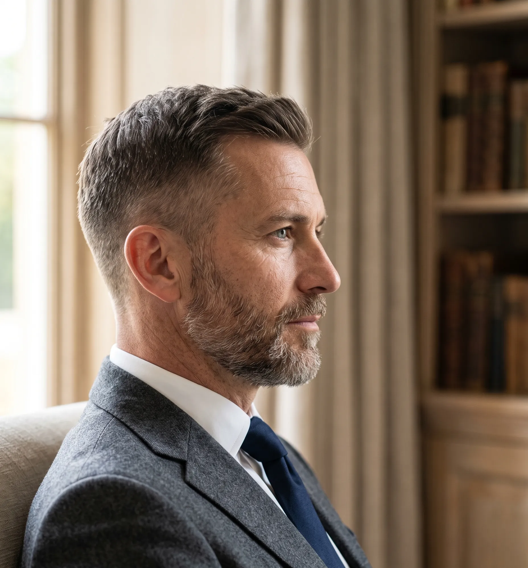 profil d'un homme arborant une coupe crew cut classique et intemporelle sur fond neutre lumineux